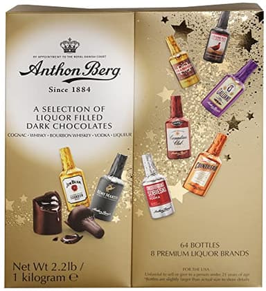 Anthon Berg Assortiment de coffrets cadeaux de chocolats noirs remplis de boissons alcoolisées (paquet de 64)