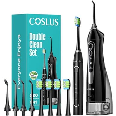 COSLUS Hydropulseur portable avec brosse à dents électrique : kit de nettoyage buccal 2 en 1 pour dents, appareils dentaires, soins des gencives – Brossage et soie dentaire pour adultes, famille