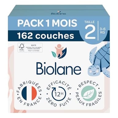 BIOLANE - Couches bébé taille 2 - (3-6 kg) - Peaux Sensibles - Ultra-Absorbant, Pas de Fuite, jusqu'à 12h au Sec - Confort & Protection - Pack 1 mois 162 couches - Fabriqué en France