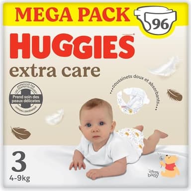 HUGGIES Extra Care - Couches bébé Taille 3 (6-10kg) - Pack de 96 couches - extra doux - barrières anti fuite - facile à changer - hypoallergénique et testé dermatologiquement - avec des motifs Disney