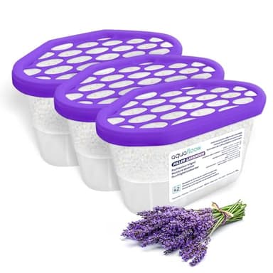 Aquafloow Déshumidificateur 400 ml, Réduit l'humidité de l'air, 3 Pièces LAVENDER | Neutraliseur d'odeurs, Absorbeur d'humidité pour Cuisine, Placard, Salle de Bain et Bureau
