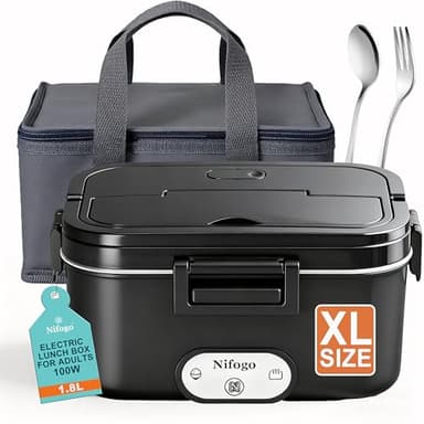 Nifogo Gamelle Chauffante 100W Lunch Box Chauffante électrique 12V/24V/230V Boîte à Lunch Chauffante 1,8l Boite Repas Enfant/Adulte Pour Bureau, école, Voyage,Voiture, Avec Gris Sac Isolation(Noir)
