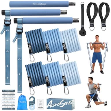 ALongSong Elastiques Musculation Barre de Pilates - 2025 Kit Fitness Maison avec 6 Bandes de Résistance Élastique 20-180Lbs & Ancrage de Porte pour Complet Entraînement Yoga/Musculation