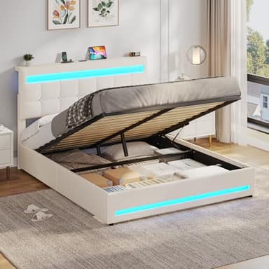 AOGLLATI Lit Coffre 140×190cm avec LED et Ports USB, Lit Double avec Rangement, Tête de Lit réglable, Rembourré Sommier à Lattes, Hydraulique, Lin Beige(sans Matelas)