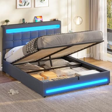 AOGLLATI Lit Coffre 140×190 cm avec LED et Ports USB, Lit Double Rembourré avec Rangement hydraulique, tête de lit réglable en Hauteur, Sommier à Lattes, Facile à Assembler, Gris Foncé(sans Matela)