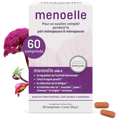 Menoelle - Complément Alimentaire Ménopause & Pré-Ménopause - Traitement Bouffées de Chaleur - Extrait Naturel d'EstroG-100, Vitamines & Minéraux - 60 comprimés - Bien-être Femme Sans Hormones
