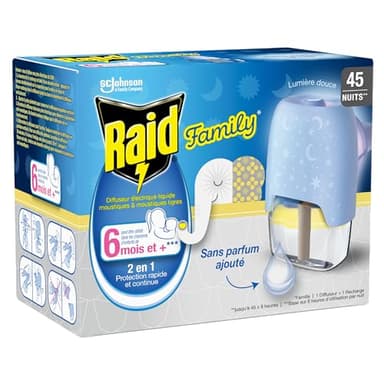 Raid Family Diffuseur Electrique Liquide - Moustiques et Moustiques Tigres 45 Nuits - Sans Parfum Ajouté - 1 Diffuseur et 1 Recharge