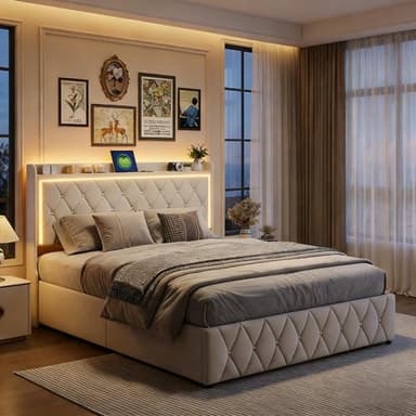 HYNHXBP Lit Coffre 140x190cm, avec éclairage LED et Chargement USB,Lit Coffre Beige avec sommier, Tête de lit avec Espace de Rangement, pour Adultes et aux Adolescents,Velours