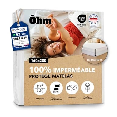 Protège Matelas 160x200 cm | Alèse Imperméable en Coton | Forme Drap-Housse | Absorbant et Anti-acariens | Compatible Bonnet Jusqu'à 40 cm | Silencieux et Hypoallergénique | Certifié Oeko-TEX | Ôhm