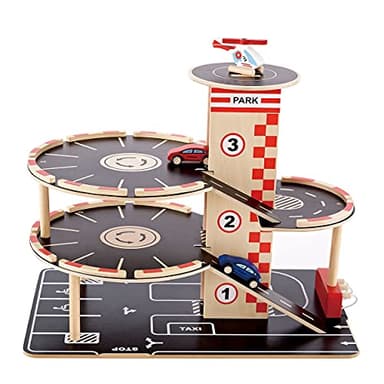 Hape Garage Voiture Enfant 3 ans et plus - Parking en Bois avec Voitures, Hélicoptère, Station Service, Circuit, Toboggan, 4 Niveaux de Stationnement et Ascenseur - Jouet Garage Voiture Solide