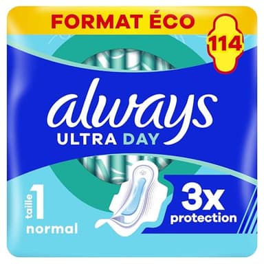Always Ultra Serviettes Hygiéniques, Taille 1, Normal, 114 Serviettes Avec Ailettes, Flux légers Jour, Format Eco, Max Confort, Super Absorbantes et Ultra Fines