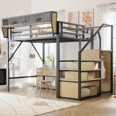 Merax Lit Mezzanine 140x200 cm en métal, avec échelle sécurisée, étagère de Rangement Amovible, lit surélevé Adulte/Enfant, Noir (sans Matelas)