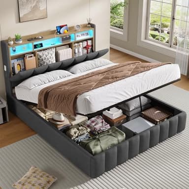 KIMENICH Lit Coffre 140 x 190 à LED, Lit Hydraulique avec Étagères Ouvertes et Rangement Caché en Tête de Lit Capitonné, lit 2 Personnes avec Lattes en Bois, Lits 140 x 190 avec Sommier en Lin Gris