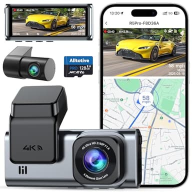 Alltotive Caméra embarquée 4K avant et arrière 2,5 K, GPS WiFi 5G, double caméra de voiture avec carte SD 128 Go, écran IPS de 3,1", mode stationnement 24h, vision nocturne, WDR, grand angle de 170°