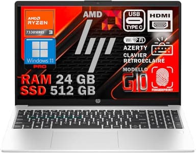 HP 255 G10 Ordinateur Portable AMD Ryzen 3 7330U, RAM 24 Go DDR4, SSD 512 Go NVMe, Écran 15.6" FHD Antireflet, Châssis Aluminium, WiFi 6E, Clavier AZERTY Rétroéclairé, Empreinte Digitale, Win 11 Pro