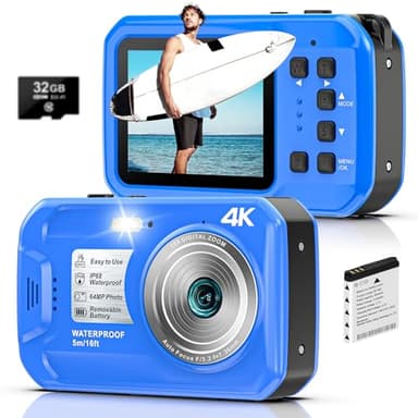 Appareil photo sous-marin 4K UHD 64 MP autofocus numérique étanche avec carte 32 Go, IP68 et 16FT caméra sous-marine avec écrans IPS HD, zoom numérique étanche 16x, éclairage d'appoint, pour la