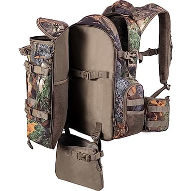 BLISSWILL Grand sac à dos de chasse avec arme rembourrée pour fusil à arc avec housse de pluie imperméable Accessoires de chasse (nouveau camouflage feuille)