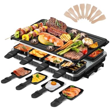 2-en-1 Appareil a Raclette 8 Personnes Machine a Raclette Anti-adhésif Plaque de Cuisson Bilatéral Appareil Raclette Surface de cuisson 44 x 30 cm 1300W