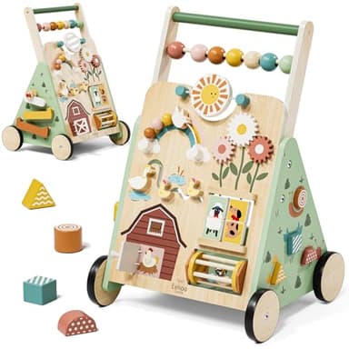 Lehoo Castle Chariot de Marche Bebe en Bois, Réglable Trotteur Bébé Garçon Fille avec Centre d’Activités, Pousseur Trotteur Bebe, Jouet Montessori Enfant 12 Mois+