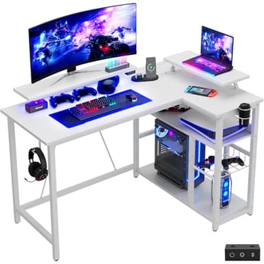 Devoko Bureau Gaming L-Shape 120x80cm avec Double Support Écran, LED, Plateau Réglable et Fibre de Carbone Blanc
