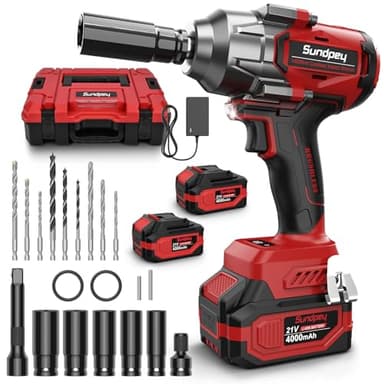 Sundpey 1400N.m Clé à Chocs Sans Fil Brushless, Boulonneuse a Choc 21V avec Deux Batteries 4.0 Ah & 5 Douilles & 9 Forets & Adaptateur Hexagonal 1/2", Clé à Chocs Électrique pour Voiture Maison