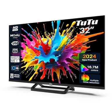 TuTu Téléviseurs 32 Pouces (80 cm) LED Central Pied TV HD Ready Triple Tuner (DVB-C / T2 / S2), HDMI x2, CI+, Lecteur multimédia USB 2.0, Mode hôtel, Dolby Audio, 2024