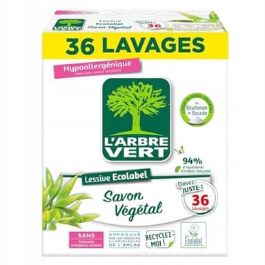 L'Arbre Vert Lessive Poudre Savon Végétal - ECOLABEL - Hypoallergénique - 36 Lavages - 94% d'ingrédients d'origine naturelle - 1.8Kgs