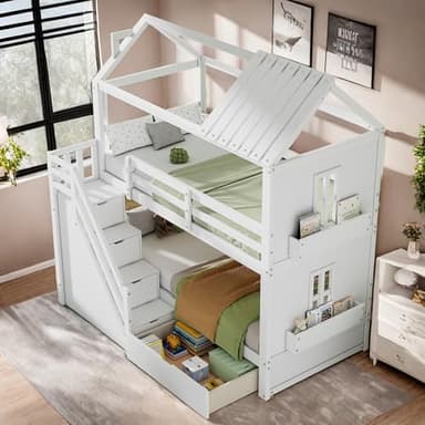 Sapgaks Lit superposé Enfant 90x200,lit cabane Enfants escaliers de Rangement,lit Mezzanine 2 Places avec tiroirs étagères,avec Barriere,Multifonctionnel,pin + MDF,Blanc