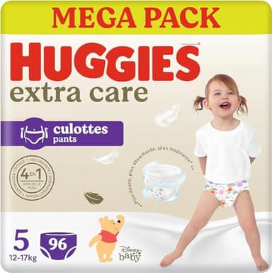 HUGGIES Extra Care - Culottes Taille 5 (12/17kg) - Pack de 96 couches-culottes - facile à mettre et à enlever ultra-doux - matériaux absorbants et respirants - hypoallérgénique