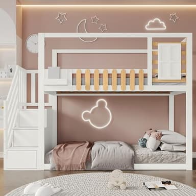 Lit cabane Enfants 90x200 Lit superposé Enfant lit Double lit Simple avec 3 casiers dans l'escalier, lit superposé avec escalier, fenêtre et étagère, lit Mezzanine, Protection Anti Chute, Blanc