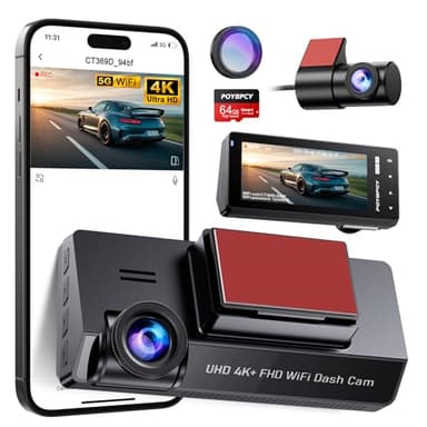 Dashcam Voiture 4K+1080P,5GHz WiFi Dashcam avec CPL Filte,Carte SD 64G, 360° Camera Voiture,3.69" Grand Angle 170°,Mode Stationnement 24H,G-Capteur,Vision Nocturne,Enregistrement en Boucle