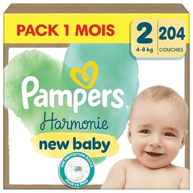 Pampers Harmonie, Taille 2, 204 Couches, 4-8kg, Protection Douce Pour La Peau Avec 100% D’Absorption Pampers, Pack 1 Mois