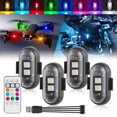 NHHEO Lumières Stroboscopiques LED Sans Fil avec Télécommande, 8 Couleurs Chargement USB Lumière LED Etanche pour l'intérieur de la Voiture Motos Vélo Drone Camion Anti-collision(4PCS)