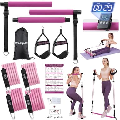 ALongSong Elastiques Musculation Barre de Pilates - 2025 Kit Fitness Maison avec Bandes de Résistance Élastique 180Lbs/140LBS & Ancrage de Porte pour Complet Entraînement Yoga/Musculation