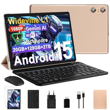Tablette Android 15 Tablette 10 Pouces 20Go RAM + 128Go ROM(2To Extensible), Octa-Core, GMS Tablette Tactile, WiFi 6, 5G Wi-FI, Widevine L1, 6000mAh, GPS, Tablettes avec Clavier+Souris et Cas-Or