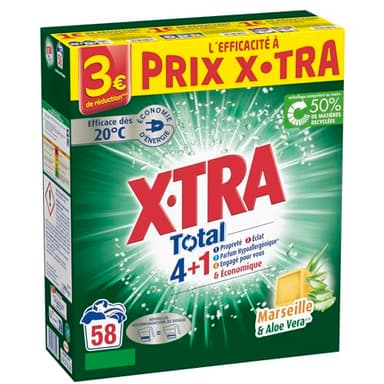 X-Tra Total - Lessive Poudre- 4+1- Propreté - Eclat - Fraîcheur - Engagé pour vous - Economique - Une seule lessive pour tout votre linge - Parfum Marseille & Aloe Vera - Efficace des 20°C -58 mesures