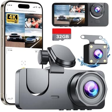 4K Dashcam Voiture Avant Arrière, Wi-FI GPS Caméra Voiture avec Carte SD 32G, Camera Voiture à 3 canaux Grand Angle 170°, Vision Nocturne,WDR,G-Capteur,Mode Stationnement 24H,Enregistrement en Boucle