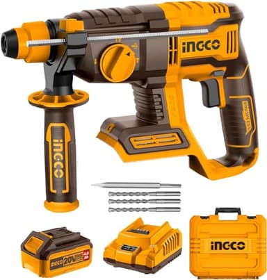 INGCO Marteau Perforateur Sans Fil SDS-Plus 20V, Moteur Sans Balais, Φ22MM Dans le Béton, 2,0 J, 4 Fonctions, 1100 tr/min, 5400bpm, avec 1 Batterie 4,0 Ah, 1 Chargeur, 3 Forets et 1 Burin CRHLI202081