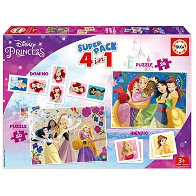 Educa - Superpack Disney Princess, Jeux de société et Puzzles pour Enfants: Domino, identique à 28 Cartes et 2 Puzzles de 25 et 50 pièces. Jeu pour Enfants pour 3, 4 et 5 Ans (19683)