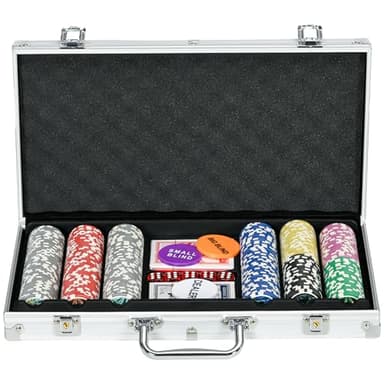 SPORTNOW Mallette de Poker Coffret de Poker Complet, verrouillable, avec 300 jetons 5 dés 2 Jeux de Cartes 3 Boutons 1 Tapis en Feutre + 2 clés Aluminium