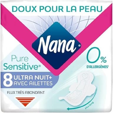 Nana PureSensitive Serviettes Hygiéniques Ultra Nuit Plus pour la Nuit - Flux Très Abondant - 0 % Allergène*, Parfum, Colorant - 8 Serviettes avec Ailettes