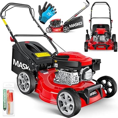 Masko MASKO Tondeuse à gazon à essence 3 en 1,Largeur de coupe 42 cm,7 niveaux de hauteur de coupe,Moteur OHV 4 temps 3,4 CV,Panier collecteur de 50 litres