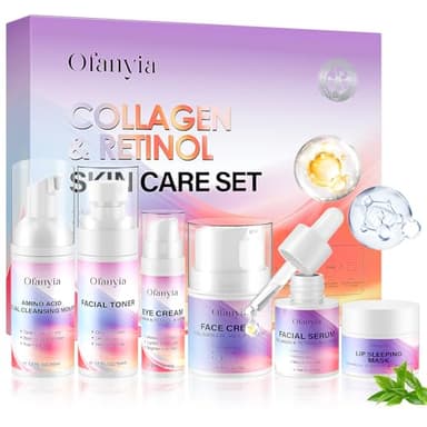 Collagène Rétinol Coffret de soins de la Peau 6 en 1 Avec Nettoyant Pour le Visage, Tonique, Sérum, Crème, Crème Pour les Yeux et Masque Pour les Lèvres, Coffret de Soins Anti-vieillissement Pour les