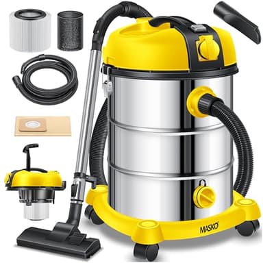 Masko® Aspirateur Industriel Aspirateur Eau et poussière aspirateur Acier Inoxydable 2 300 W + Prise électrique Fonction soufflage Aspiration à Sec et Aspiration de l'eau | Push&Clean, Jaune