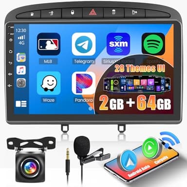 Inefala 2G+64G Android Autoradio pour Peugeot 308 408 2007-2015, 9" Écran Tactile Poste Radio Bluetooth avec Wireless CarPlay Android Auto Navi GPS WiFi FM/RDS Caméra Arrière Mic