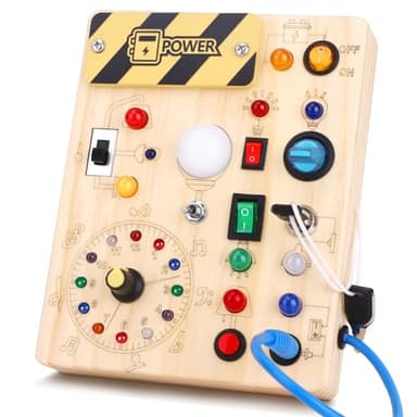 Busy Board Jouet Montessori 1 an Tableau d'Activités Montessori Horloge en Bois - Planche Occupée Sensorielle avec 10 Interrupteurs et 23 Lumières LED Jeu Éducatif Motricité Fine pour Enfants
