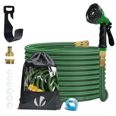 VOUNOT® Tuyau d'Arrosage Extensible 15m Renforcé Adaptable 1/2" et 3/4" 10 Modes de Pulvérisation Flexible et Anti-Fuite Raccord et Sac de Rangement Fournis Vert