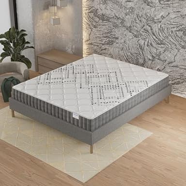 NOVEMBER- Ensemble Matelas + sommier (160 x 200cm)- Matelas Eliha Ressorts ensachés & Mousse Haute Densité d’épaisseur 20cm + Sommier Bois Stable & Robuste revêtement Tissu Gris