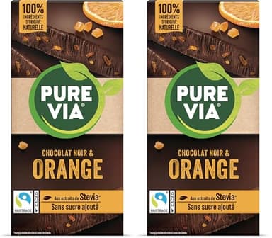 Pure Via Tablette Chocolat Noir & Orange à la stevia, sans sucre ajouté, Équitable 100g (Lot de 2)