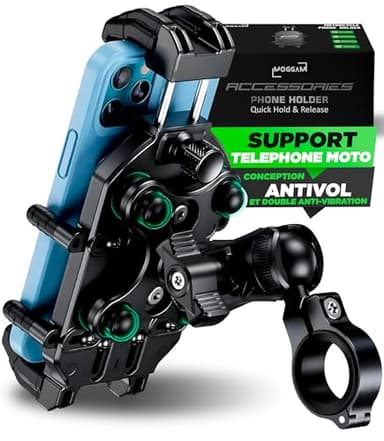MOGGAM Support Telephone Moto Ultra Résistant 【Antivibration Réelle et Antivol】 Bras Réglable 360° pour Moto et Vélo Smartphones 5,4–7,2” Robustes